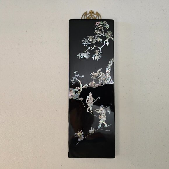 Asian Mother Of Pearl Inlay Black Lacquer Wall Art Hanging Panel Abalone Chinese - Picture 1 of 8
